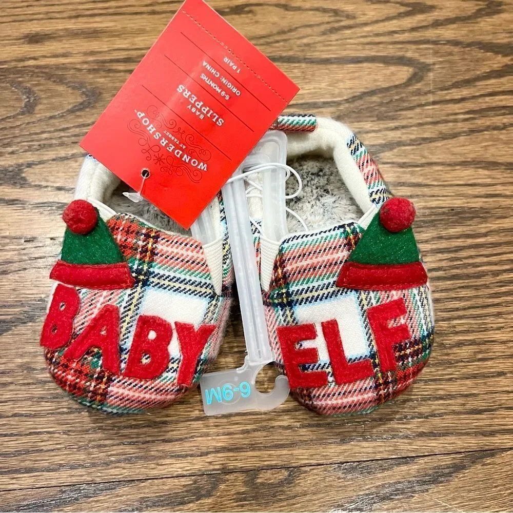 🍭6/$30 New Baby Elf Faux Fur Lined Plaid Christmas Holiday Slippers 6-9 m
